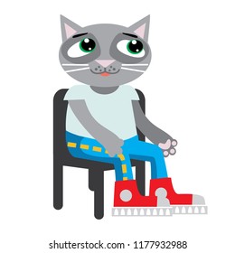Anthropomorphic cat in red sneakers and jeans sitting on a chair.