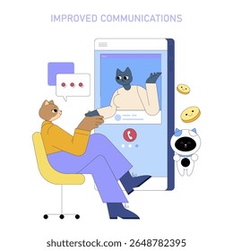 Anthropomorphic cat using an AI chat interface on a large smartphone screen, demonstrating enhanced digital communication.