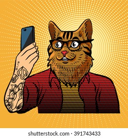 Anthropomorphic character of cat makes selfie. Illustration on retro pop art style. Cat with tattoo