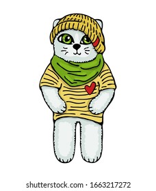 Anthropomorphic character of dressed up  cat drawing in cartoon style. Vector illustrations of cute cat with accessories like a hat, sweaters, t-shirt and scarf. Isolated on white background.