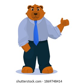 anthropomorphic character in the form of a bear in office clothes, shirt and trousers, showing a like