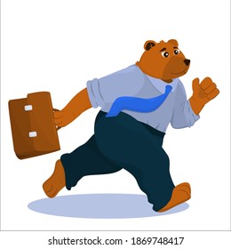 anthropomorphic character in the form of a bear in office clothes, shirt and trousers, running with a briefcase in his hands
