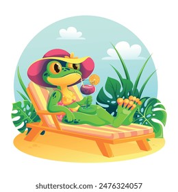 Anthropomorphic character frog relaxes in a sun lounger on a tropical beach with a cocktail in his hand