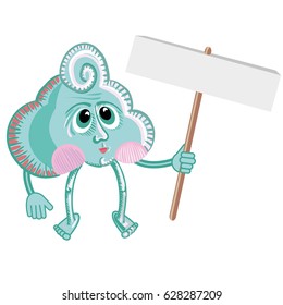 Anthropomorphic cloud holding placard. Concepts and themes of weather, rain, precipitation, weather forecast, climate, meteorology