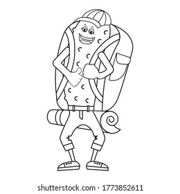 Anthropomorphic cucumber goes on hiking trip with a large backpack to nature. He smiles happily. Vector illustration with elements of art line style. Isolated object on white. Black and white coloring