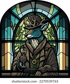 Anthropomorphic deer detective holding wine glass, stained glass window 