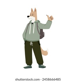 Personaje antropomórfico de perro mostrando pulgares hacia arriba. Ilustración vectorial completa de un autoestopista peludo en ropa humana con una mochila. Diseño plano, sobre fondo aislado.