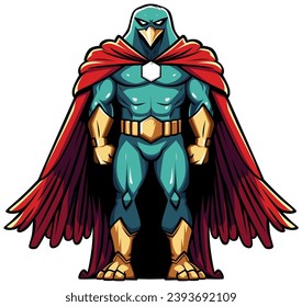 Anthropomorphic eagle character in a superhero outfit, with a teal and gold costume and a flowing red cape.