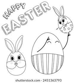 Anthropomorphic egg family. Happy father tossing his son into the heights. Easter egg bunny. Happy Easter inscription. Coloring books. Contour drawing