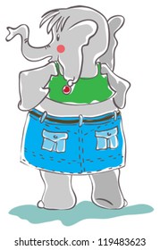 Anthropomorphic elephant dressed in a skirt and top. In the ear earring.