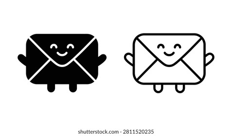 Anthropomorphic envelope icons with smiling faces depicted in a black and white line silhouette adorable
