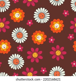 Anthropomorphic Face Daisy Flowers Vector Seamless Pattern