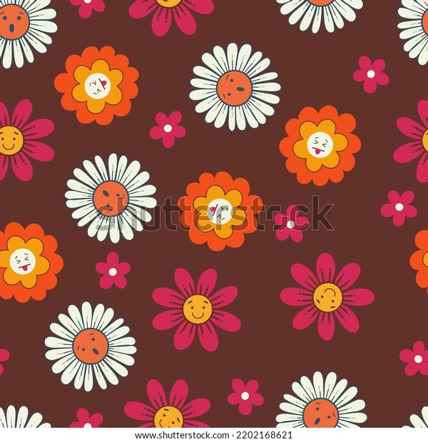 Anthropomorphic Face Daisy Flowers Vector\
Seamless\
Pattern