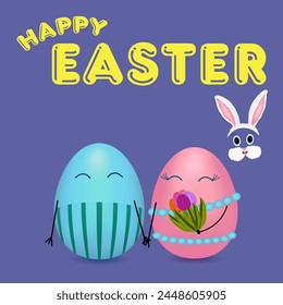 Anthropomorphic family of Easter eggs on purple background. Man giving a woman a floral bouquet of tulips. Happy Easter inscription. Easter hare