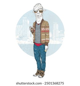 Anthropomorphic Fashion Alpaca boy animal drinks coffee dressed up in urban hipster style