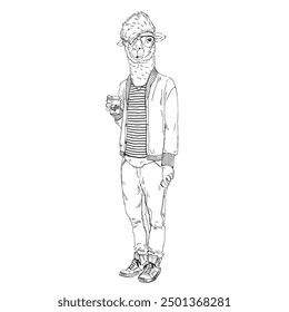 Anthropomorphic Fashion Alpaca boy animal drinks coffee dressed up in urban hipster style