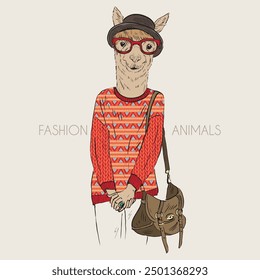 Anthropomorphic Fashion Alpaca girl hipster animal dressed up in jacquard pullover