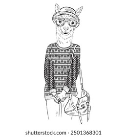 Anthropomorphic Fashion Alpaca girl hipster animal dressed up in jacquard pullover