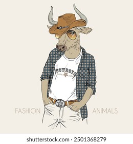 Anthropomorphic Fashion Bull animal dressed up in cowboy style