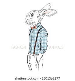 Anthropomorphic Fashion Bunny Boy Tier gekleidet in klassischen Stil. Hase Hipster Pelz Kunst Illustration.