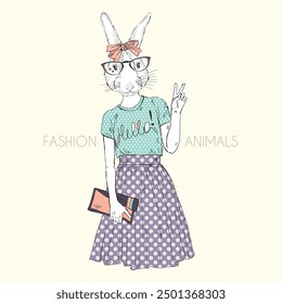 Anthropomorphic Fashion cute bunny girl animal dressed up in hipster style