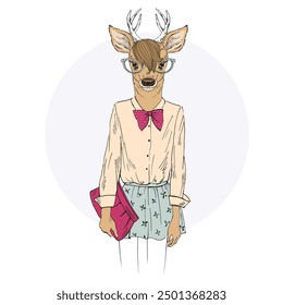 Anthropomorphic Fashion Cute Deer girl animal dressed up in hipster style.