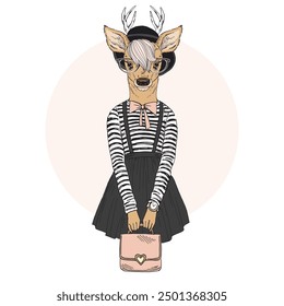 Anthropomorphic Fashion cute deer girl animal dressed up in hipster style