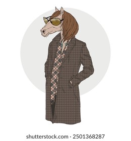 Anthropomorphic Fashion Horse animal dressed up in coat. 