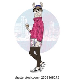 Anthropomorphic Fashion llama girl animal dressed up in urban hipster style with coffee