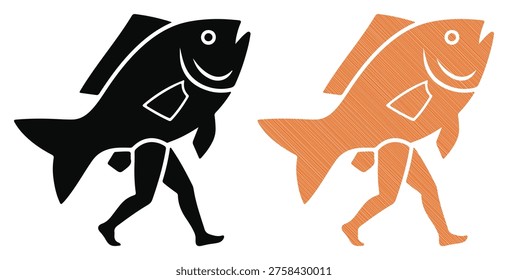 Anthropomorphic fish walking, whimsical creature, peculiar combination, strange figure