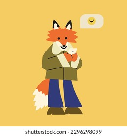 Anthropomorphic fox with phone cartoon character. Flat vector illustrations isolated on white background