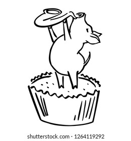 anthropomorphic funny blues piglet with sax and cupcake