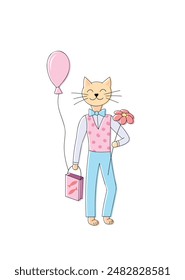 anthropomorphic ginger cat, fancy birthday kitten character with flower and balloon, vector illustration