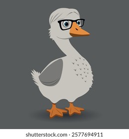 Anthropomorphic goose wearing black glasses and gray hairstyle on dark background. Cartoon character illustration. Funny animal concept for design and print