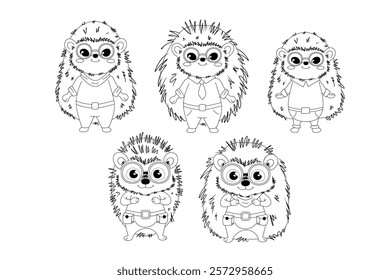 Anthropomorphic hedgehogs wearing glasses and various outfits. Black and white line illustration. Cartoon style drawing for coloring book, character design and print.