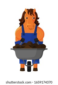 
Anthropomorphic сute horse in work clothes carries a wheelbarrow with manure or ground. Gardener carries a wheelbarrow with organic fertilizers. picture for children. Cartoon, vector