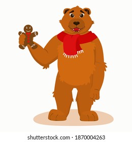 anthropomorphic illustration of a bear in a red scarf holding a gingerbread man in its paw