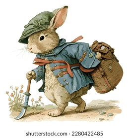 anthropomorphic illustration of a cute rabbit as an adventurer, isolated in white background.