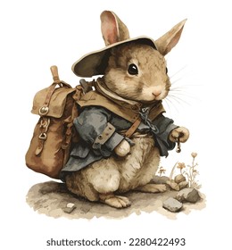 anthropomorphic illustration of a cute rabbit as an adventurer, isolated in white background.