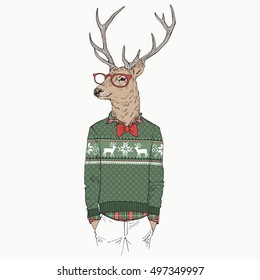 anthropomorphic illustration of deer dressed up in jacquard pullover, fashion animals