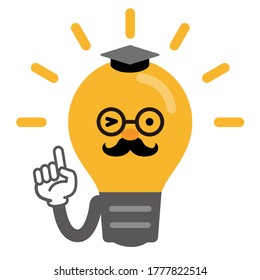 Anthropomorphic illustration of a glowing light bulb. (University professor style)