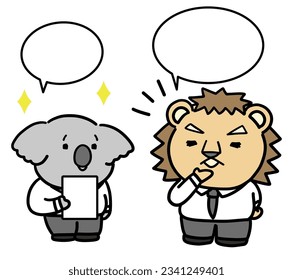 Anthropomorphic illustration of a koala and lion.