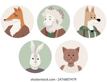 Anthropomorphic illustrations of animals. A set of round stickers featuring close-up images of animals in human clothing, intended for use in logos or stickers. Flat vector on isolated background.