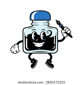 An anthropomorphic ink bottle character with a friendly face, wearing gloves and shoes, holding a fountain pen in a fun, vintage-inspired mascot illustration.