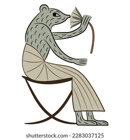 Anthropomorphic lady mouse or rat wearing skirt seated in a chair and smelling lotus flower. Ancient Egyptian animal design. Isolated vector illustration.