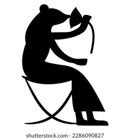 Anthropomorphic lady mouse or rat wearing skirt seated in a chair and smelling lotus flower. Ancient Egyptian animal design. Black silhouette on white background.