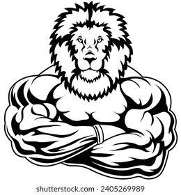 Anthropomorphic Lion bodybuilder with arms crossed on his chest.