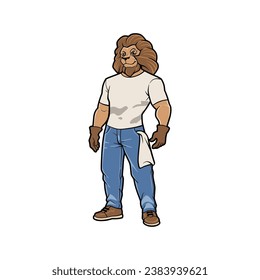 anthropomorphic Lion Cartoon Mechanic wearing Coveralls and holding wrench