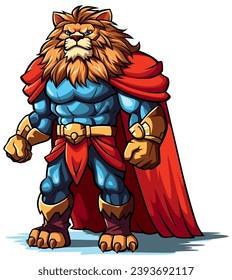 Anthropomorphic lion character dressed in a superhero costume, with a blue suit, red cape, and golden accents.