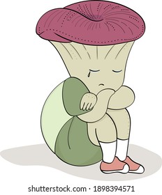 Anthropomorphic little mushroom boy sitting crying and sad. Helpless, lonely child. Vector illustration.